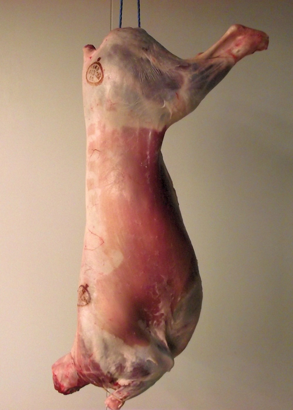 Lamb carcase suspended by hip. 